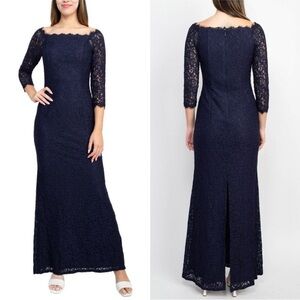 Adrianna Papell Navy Floor-Length Lace Evening Gown